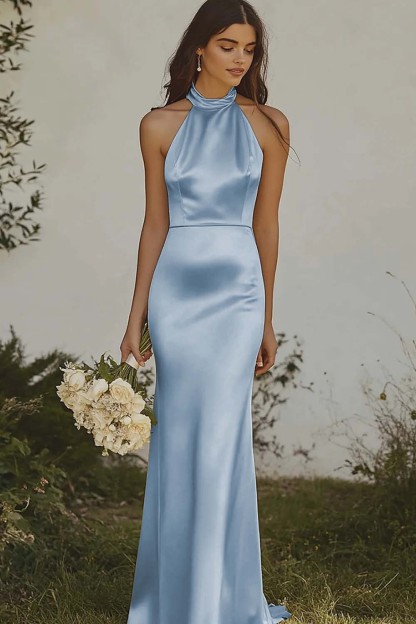 Elegant Light Yellow Sheath Halter Long Satin Bridesmaid Dress