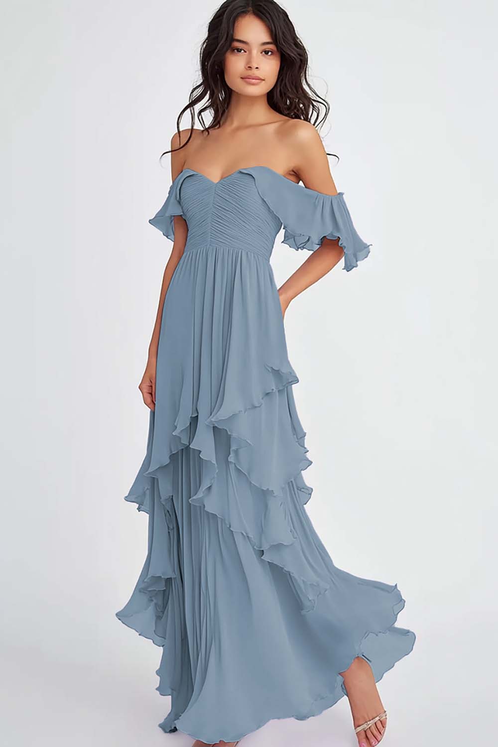 Lilac Off the Shoulder Ruffled Flowy A Line Long Formal Dress