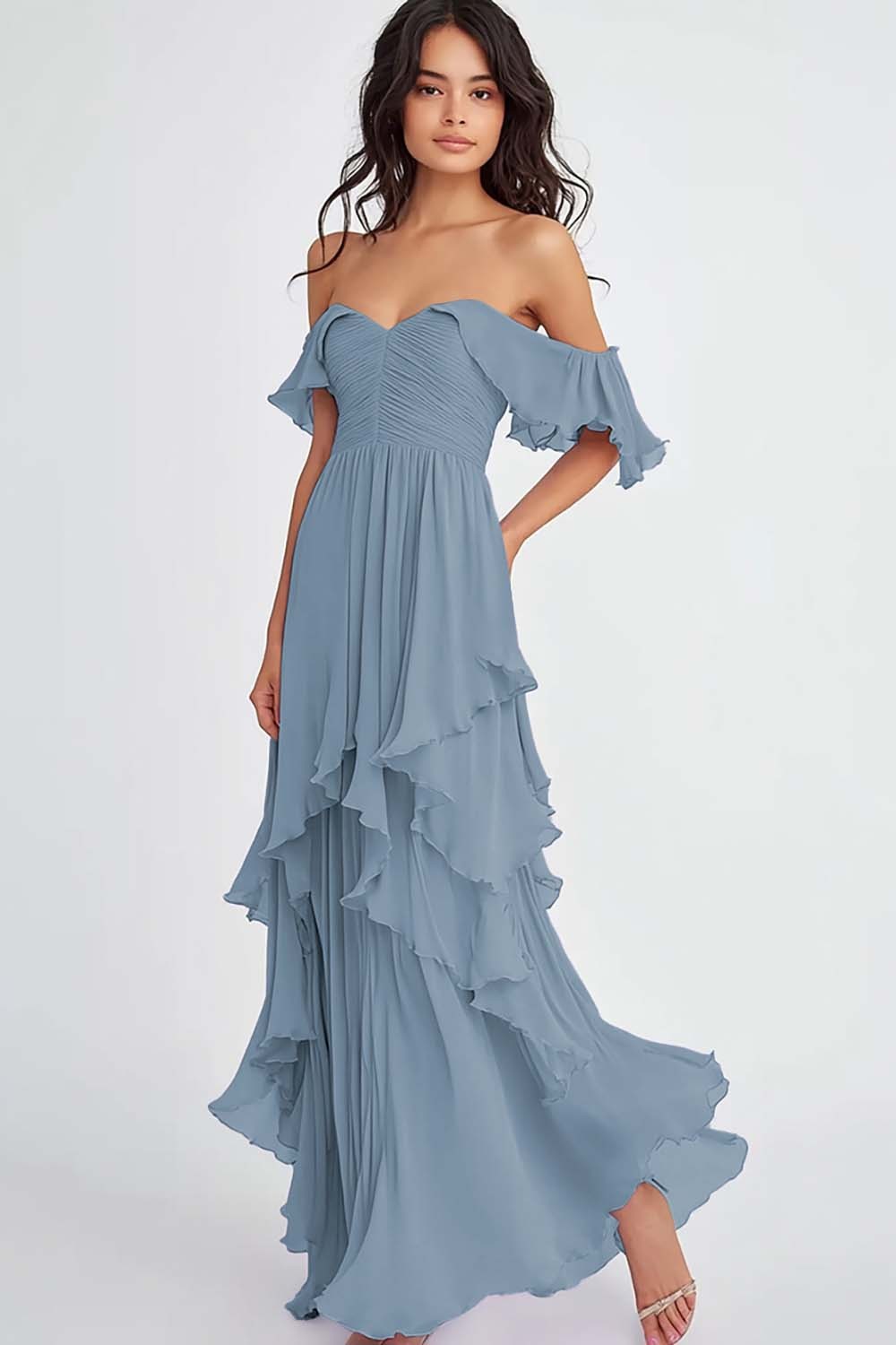 Lilac Off the Shoulder Ruffled Flowy A Line Long Formal Dress