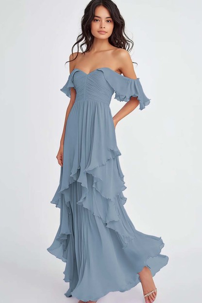 Lilac Off the Shoulder Ruffled Flowy A Line Long Formal Dress