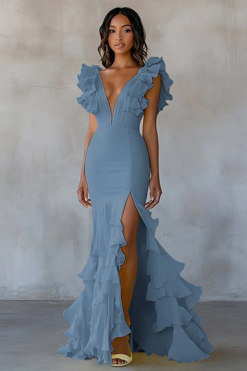 Yellow Chiffon V Neck Mermaid Ruffled Maxi Formal Dress with Slit