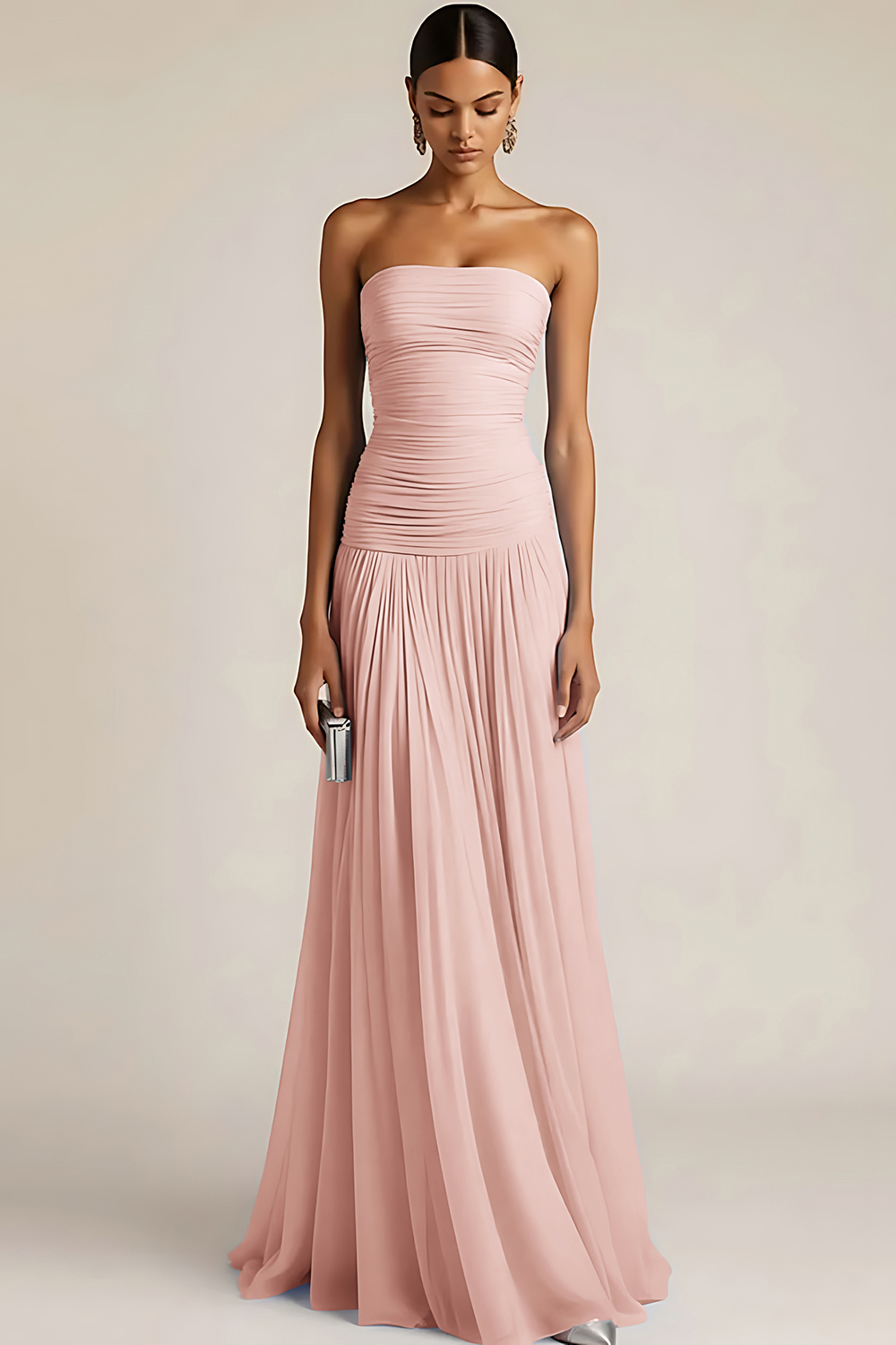 Light Blue Strapless Ruched Maxi Bridesmaid Dress