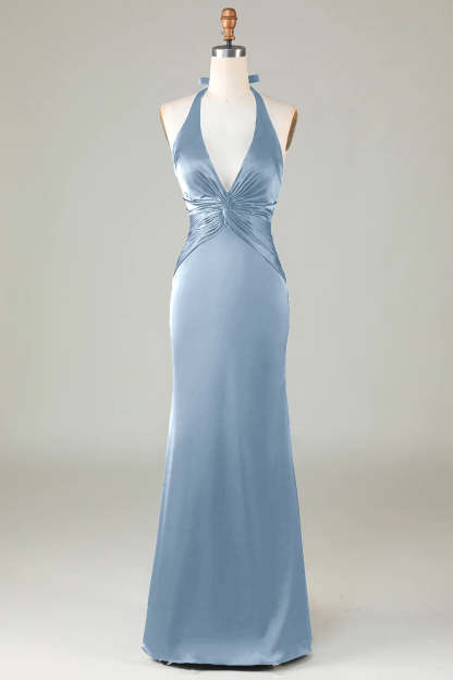 Leely Women Dusty Sage Bridesmaid Dress Mermaid Halter Long Wedding Guest Dress