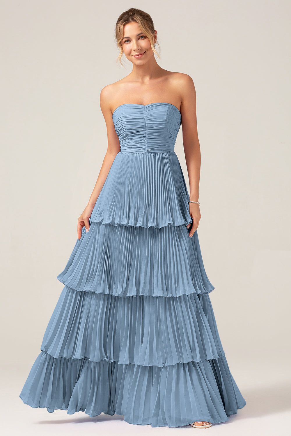 Leely Women Sky Blue Strapless Bridesmaid Dress Pleated A Line Long Wedding Guest Dress