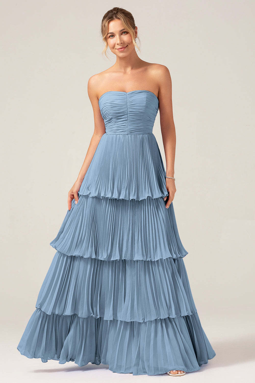 Leely Women Sky Blue Strapless Bridesmaid Dress Pleated A Line Long Wedding Guest Dress