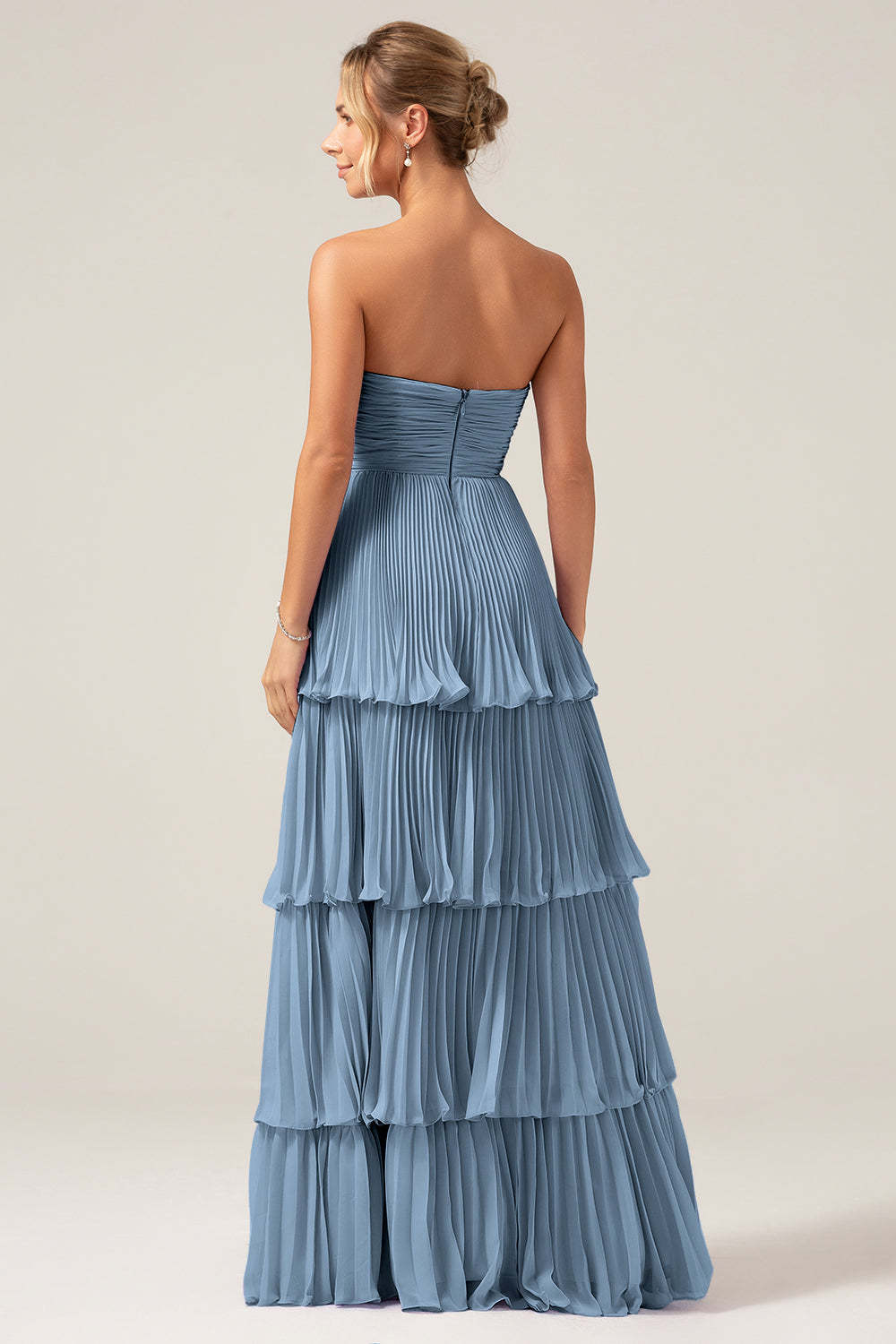 Sky Blue A Line Strapless Pleated Tiered Bridesmaid Dress