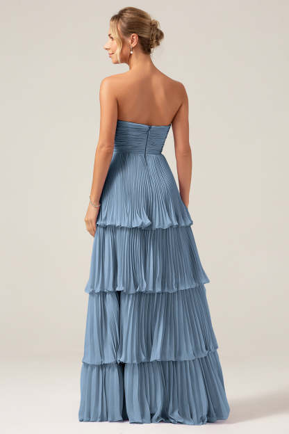 Sky Blue A Line Strapless Pleated Tiered Bridesmaid Dress