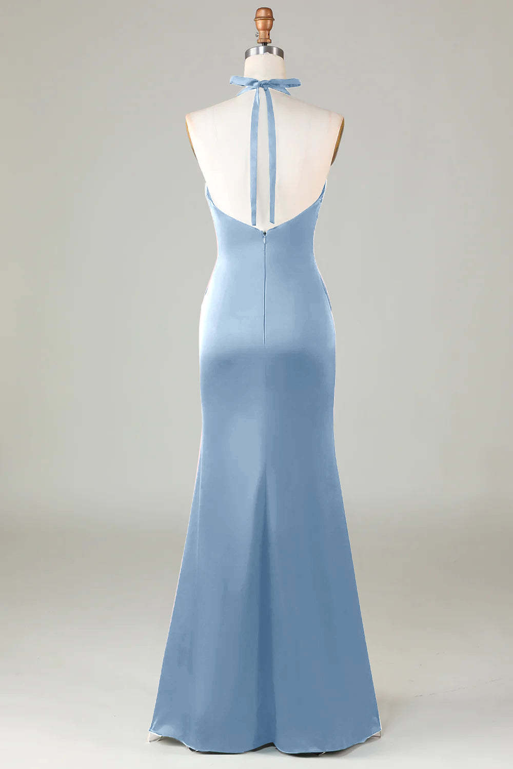 Halter Sheath Dusty Sage Satin Front Twist Bridesmaid Dress