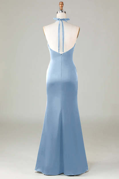 Halter Sheath Dusty Sage Satin Front Twist Bridesmaid Dress