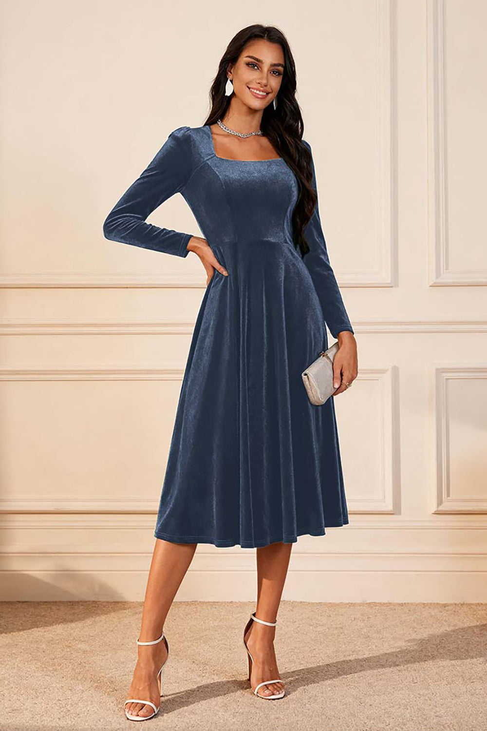 Dark Green Velvet A Line Midi Glitter Holiday Party Dress with Sleeves