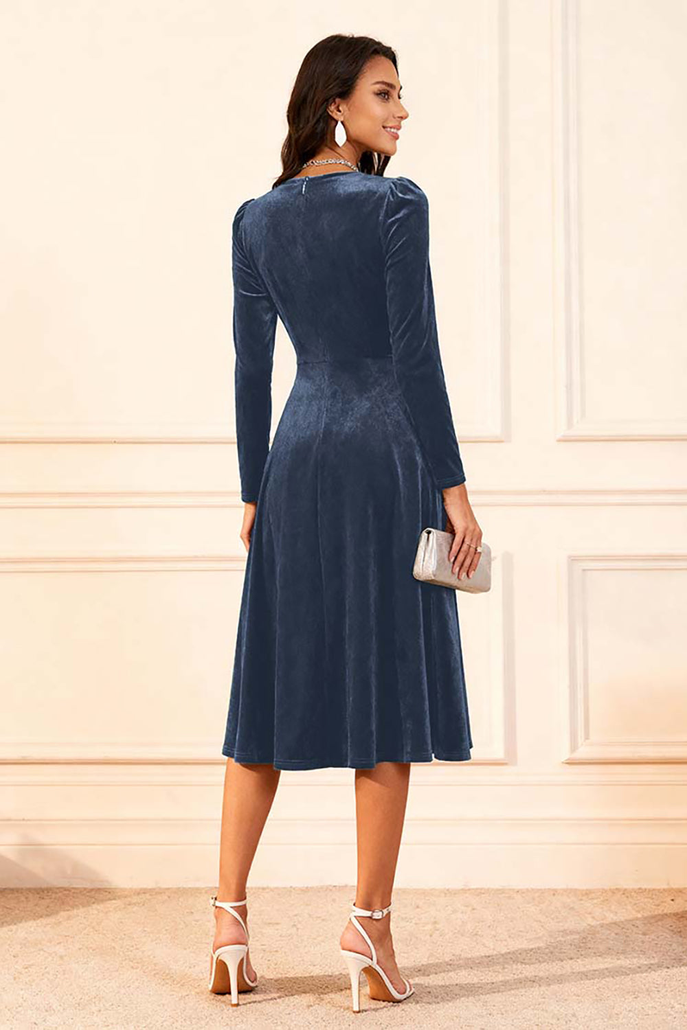 Dark Green Velvet A Line Midi Glitter Holiday Party Dress with Sleeves