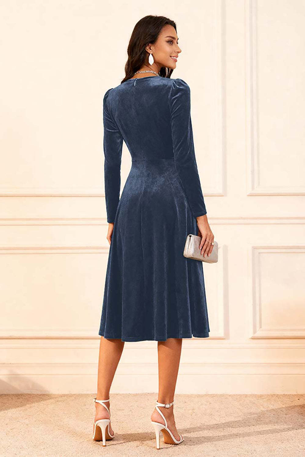 Dark Green Velvet A Line Midi Glitter Holiday Party Dress with Sleeves