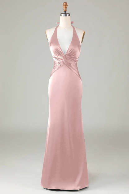 Halter Sheath Dusty Sage Satin Front Twist Bridesmaid Dress