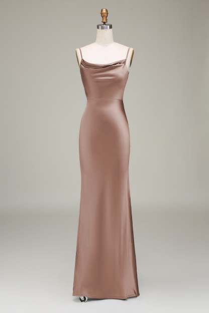 Dusty Blue Sheath Spaghetti Straps Satin Long Bridesmaid Dress