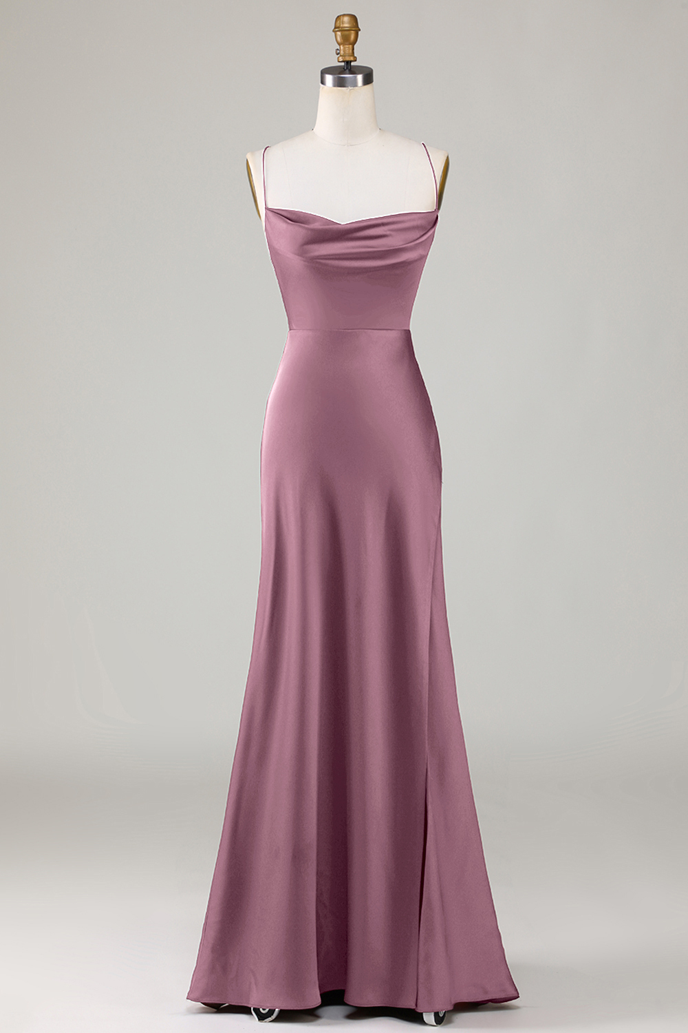 Satin Spaghetti Strap Open Back A-line Bridesmaid Dress with Slit