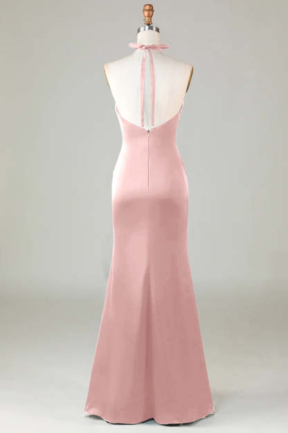 Halter Sheath Dusty Sage Satin Front Twist Bridesmaid Dress