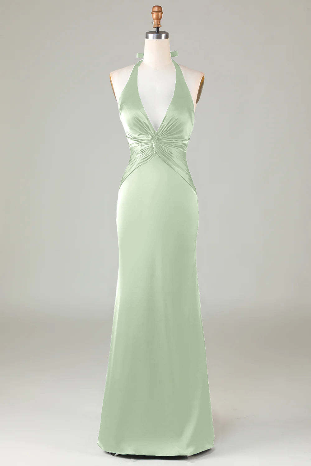 Halter Sheath Dusty Sage Satin Front Twist Bridesmaid Dress