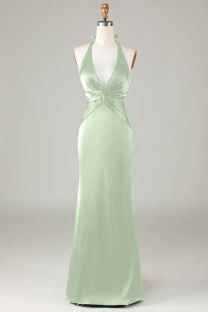 Halter Sheath Dusty Sage Satin Front Twist Bridesmaid Dress