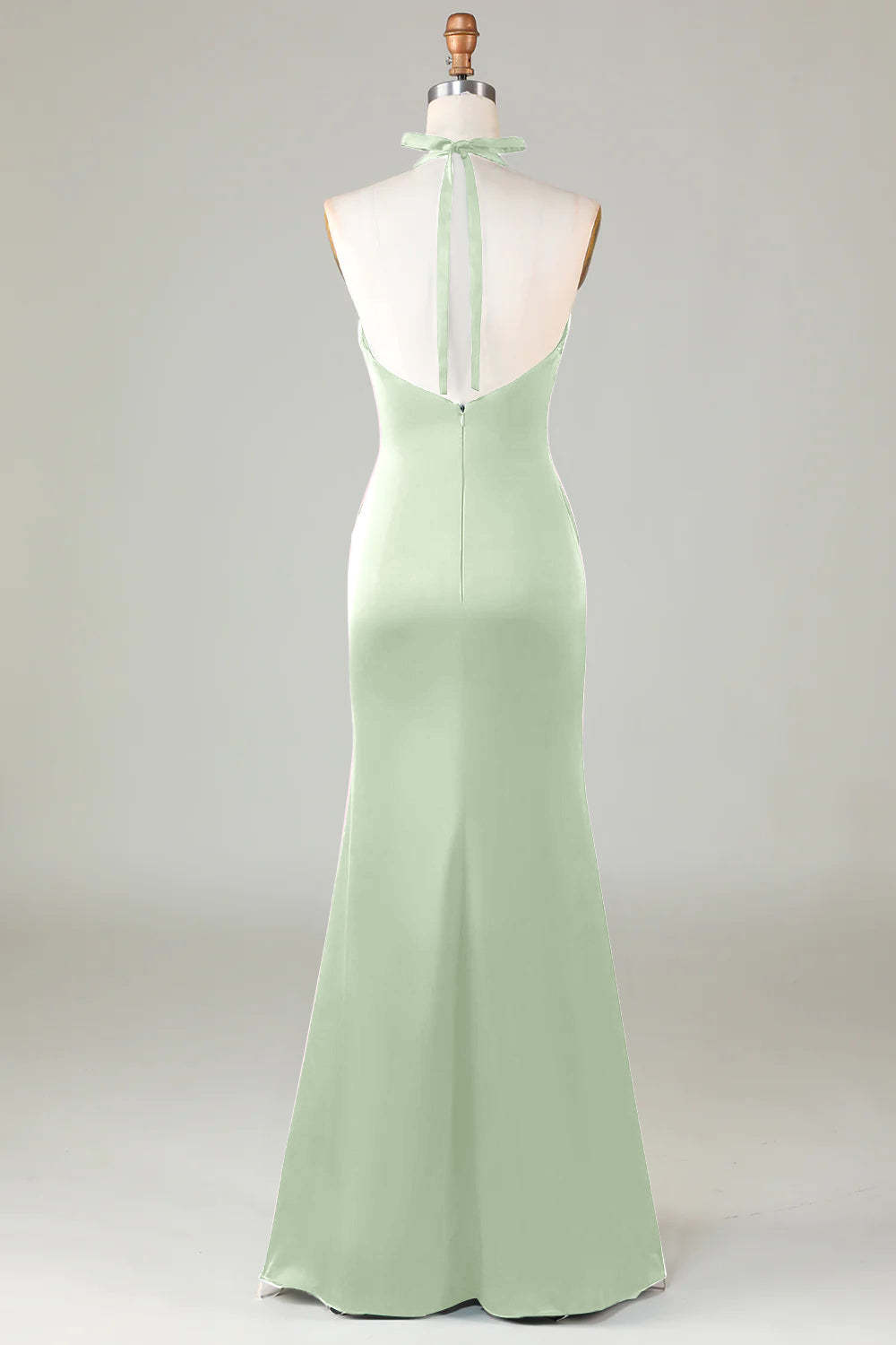 Halter Sheath Dusty Sage Satin Front Twist Bridesmaid Dress