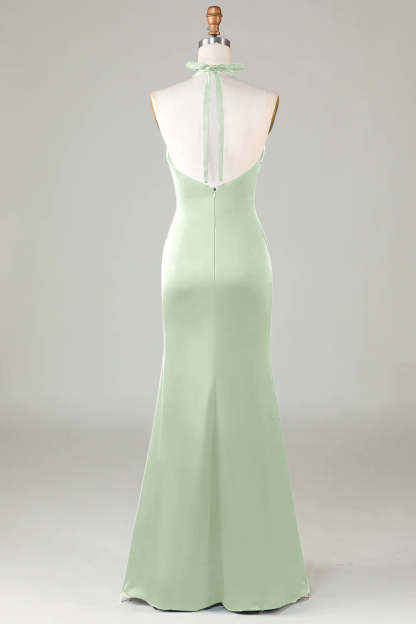 Halter Sheath Dusty Sage Satin Front Twist Bridesmaid Dress