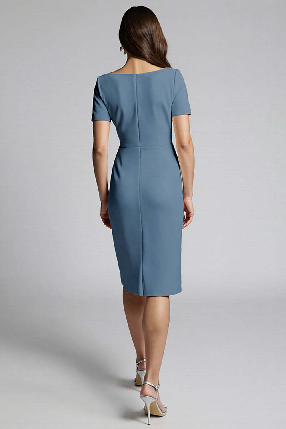 Dusty Blue Midi Bodycon Satin Work Dress with Slit