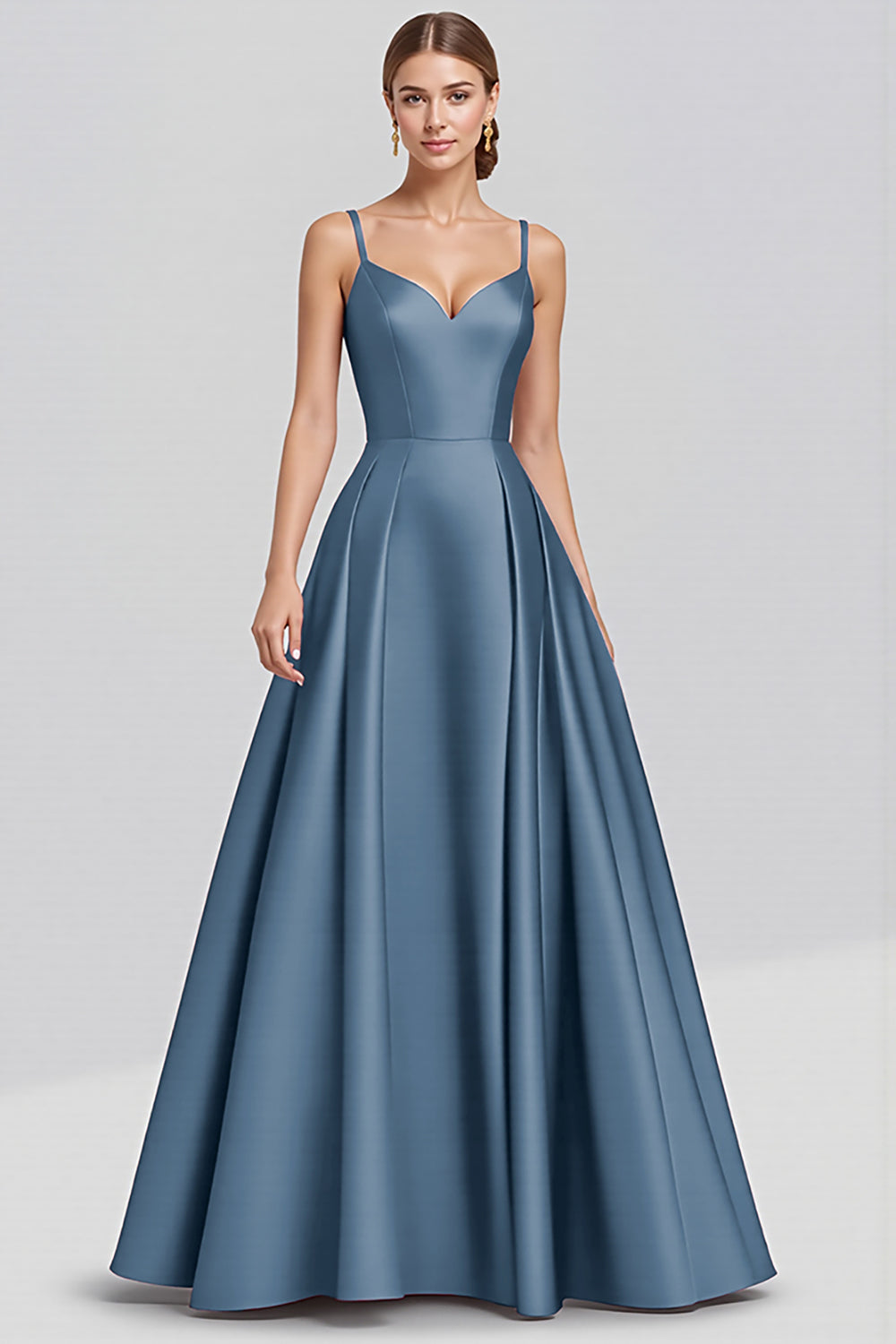 Leely Women Black Satin Maxi Formal Dress A Line Spaghetti Straps Evening Dress