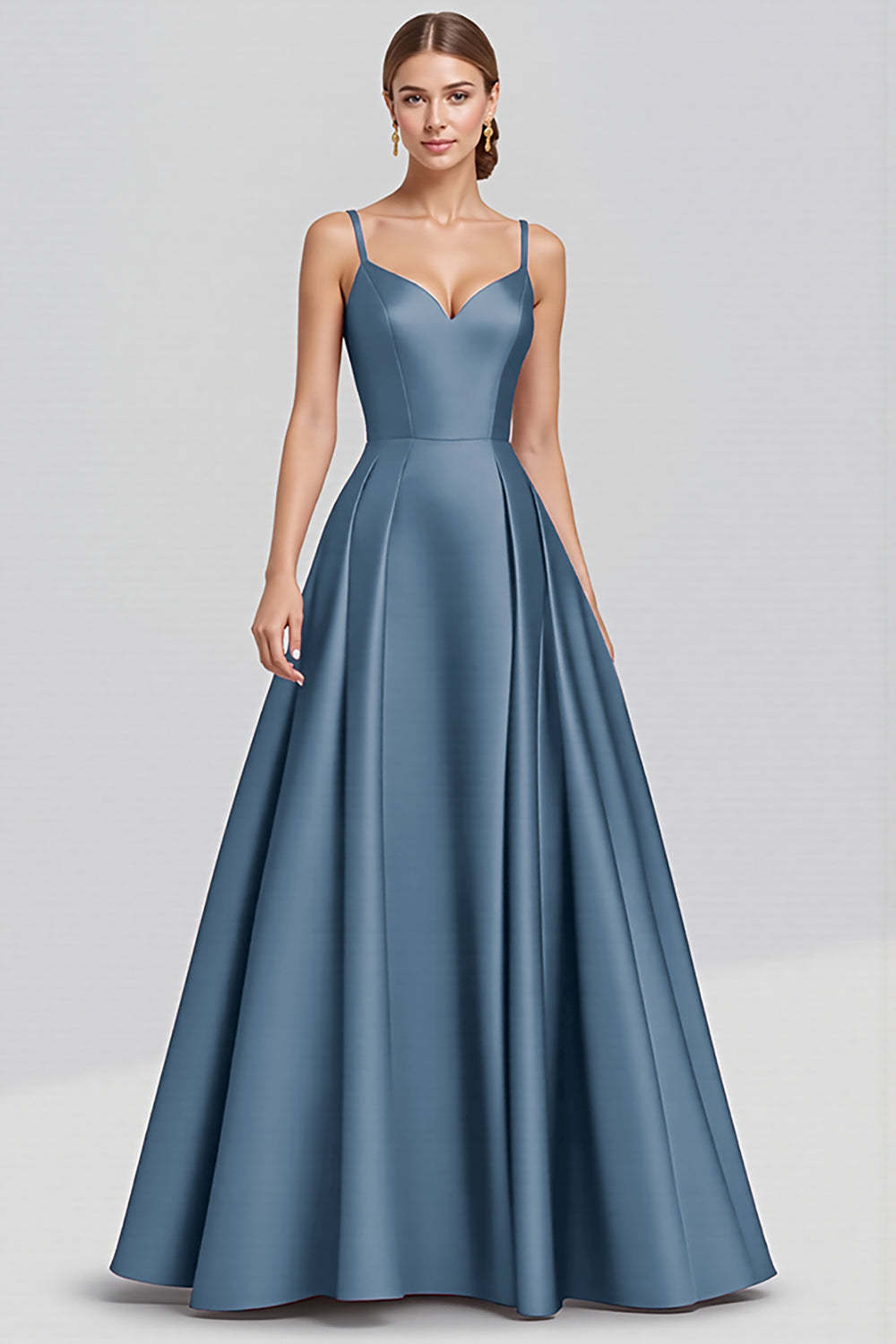 Leely Women Black Satin Maxi Formal Dress A Line Spaghetti Straps Evening Dress