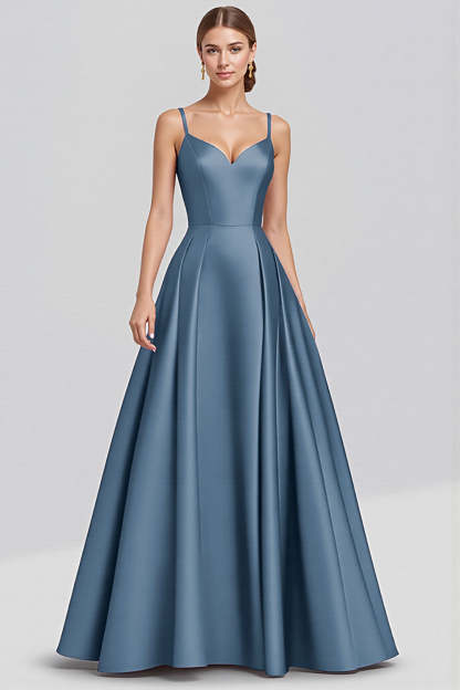 Leely Women Black Satin Maxi Formal Dress A Line Spaghetti Straps Evening Dress