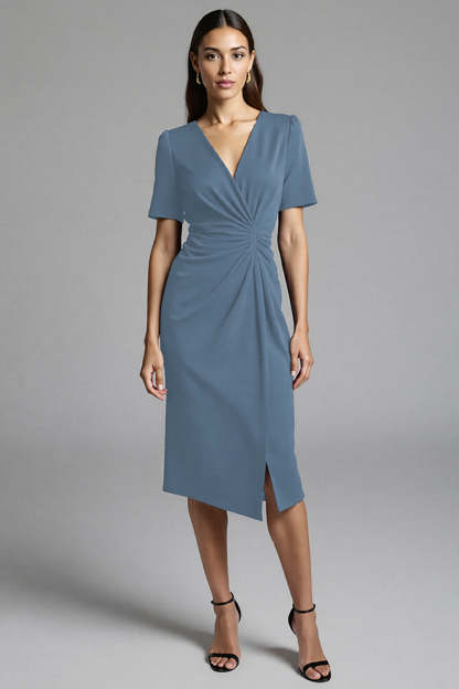 Navy Bodycon V-Neck Satin Midi Work Dress with Sleeves