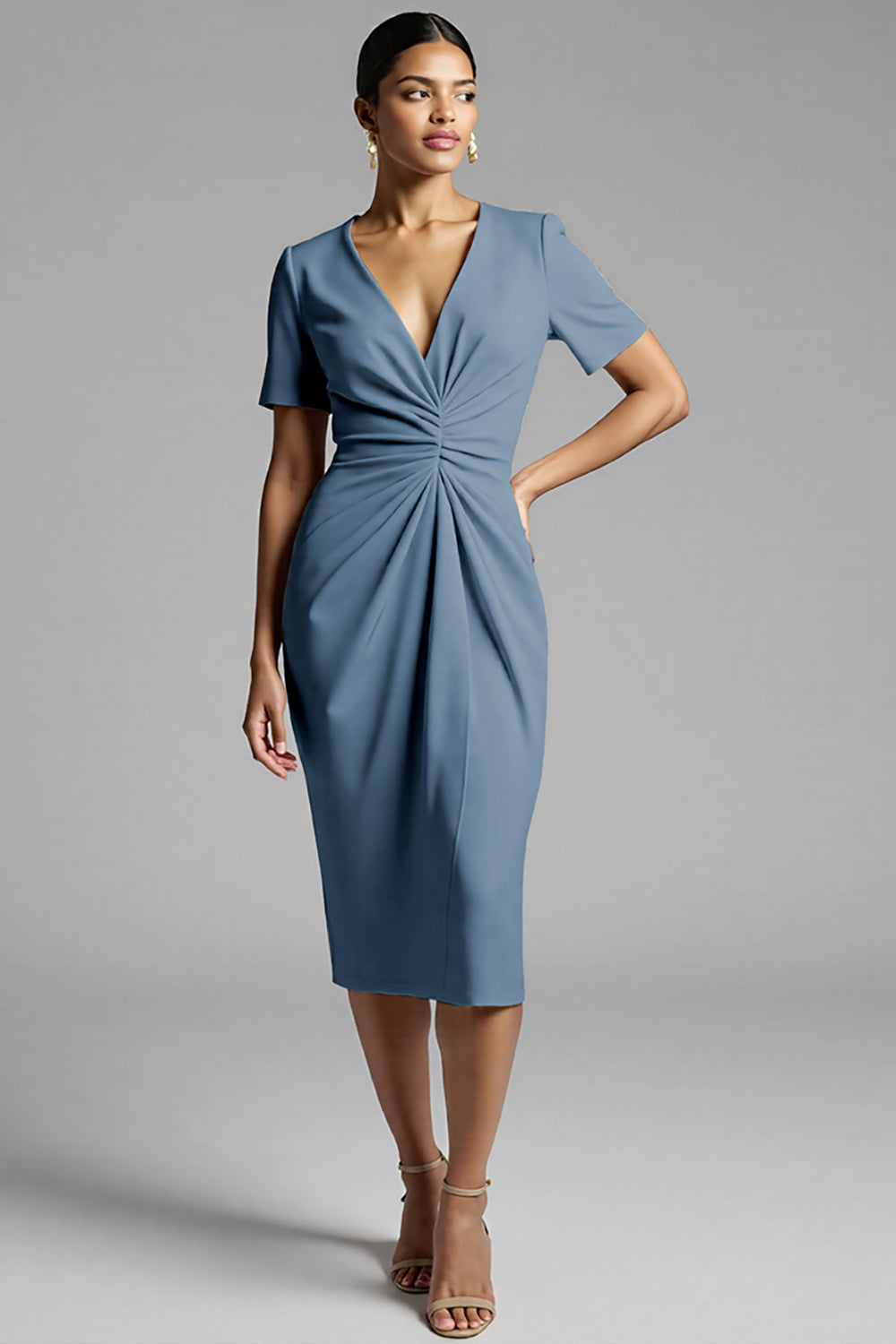 Tahiti V-Neck Bodycon Midi Satin Work Dress with Sleeves