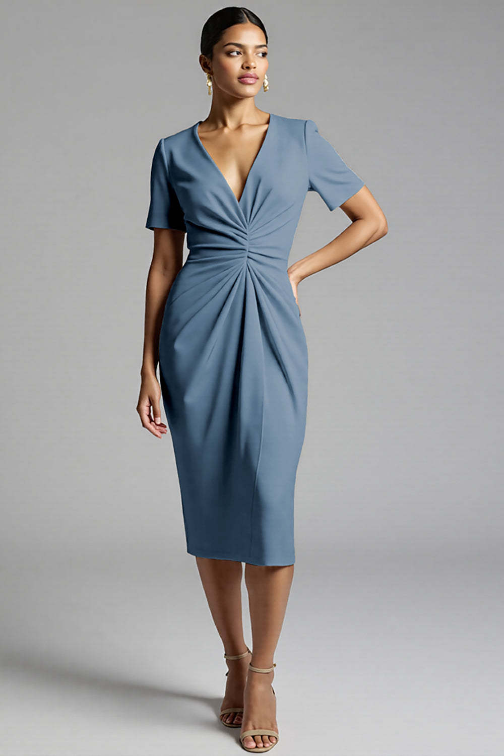 Tahiti V-Neck Bodycon Midi Satin Work Dress with Sleeves