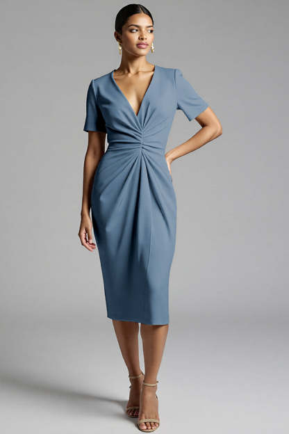 Tahiti V-Neck Bodycon Midi Satin Work Dress with Sleeves