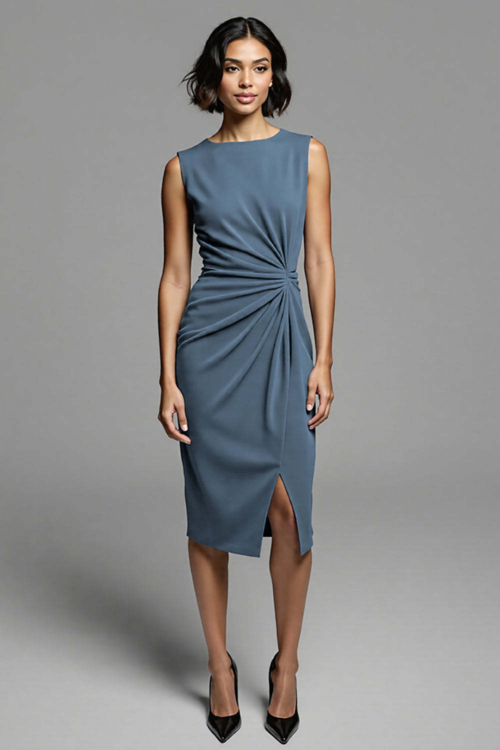 Grey Bodycon Ruched Satin Midi Work Dress with Slit