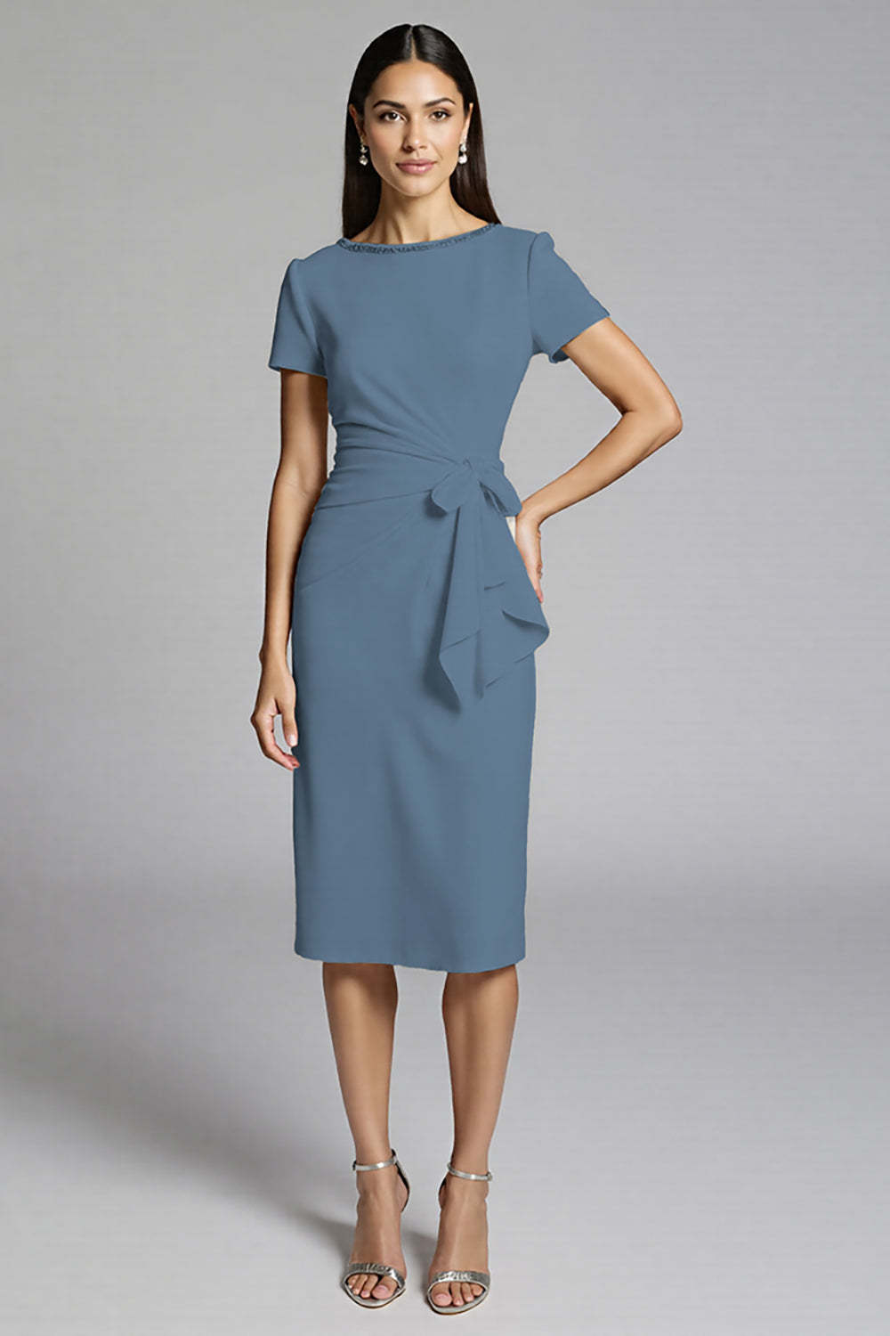 Beige Bodycon Satin Midi Work Dress with Ruffles