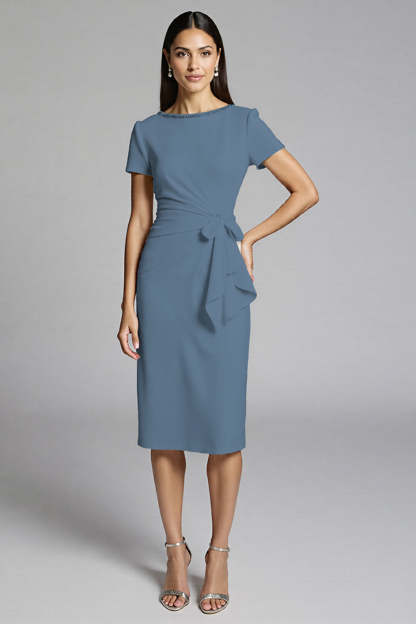 Beige Bodycon Satin Midi Work Dress with Ruffles