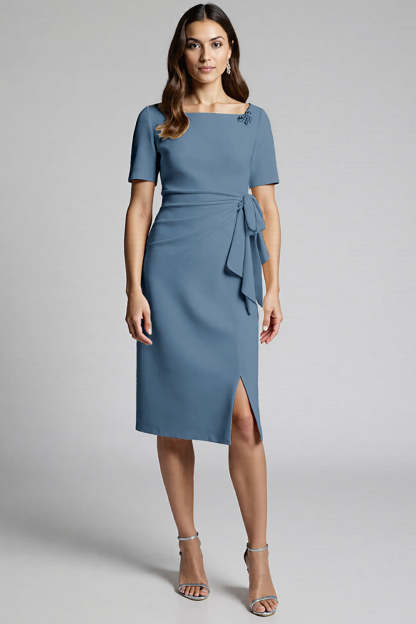 Dusty Blue Midi Bodycon Satin Work Dress with Slit