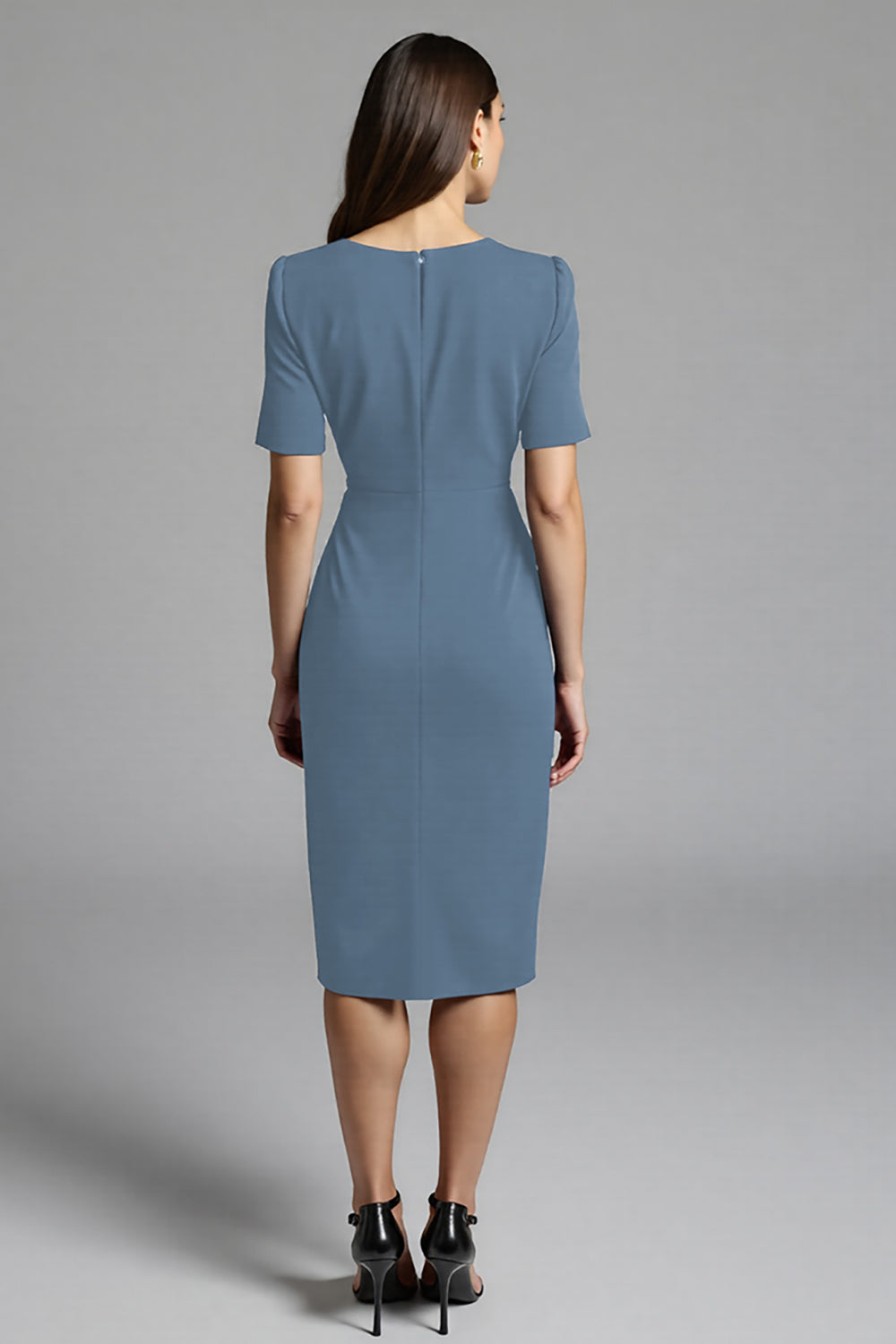 Navy Bodycon V-Neck Satin Midi Work Dress with Sleeves