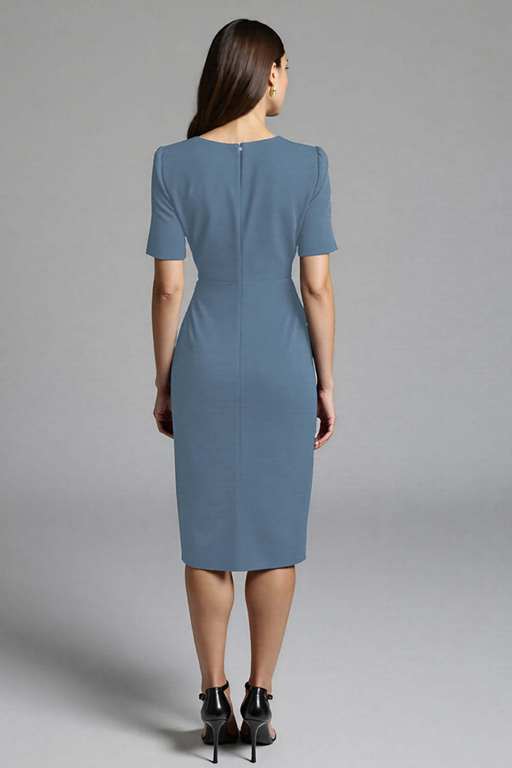 Navy Bodycon V-Neck Satin Midi Work Dress with Sleeves