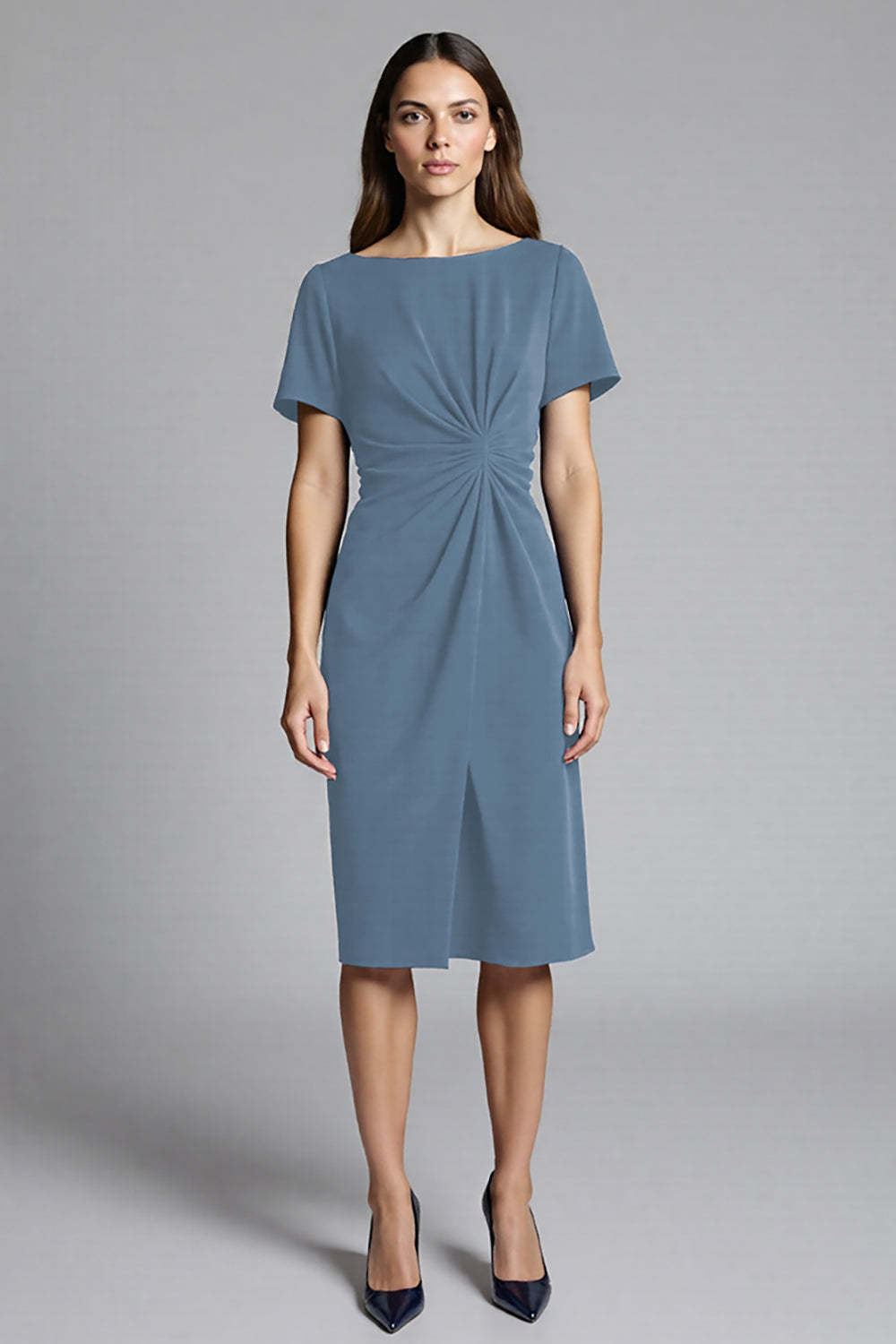 Navy Ruched Bodycon Midi Satin Work Dress