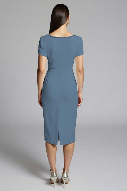 Beige Bodycon Satin Midi Work Dress with Ruffles