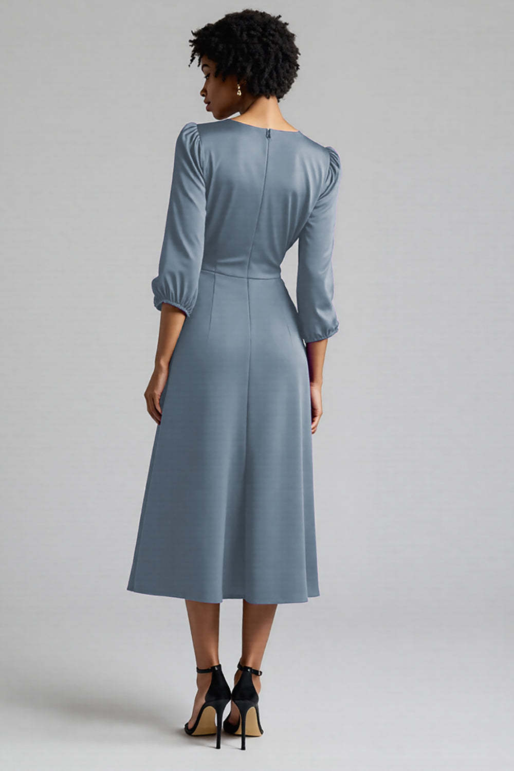 Plum Satin Ruched A Line Midi Work Dress with Sleeves