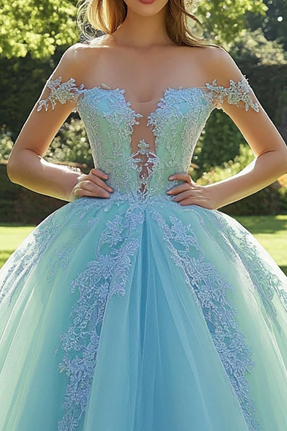 Maxi Off the Shoulder Mint Appliqued Ball Gown Tulle Quinceanera Dress