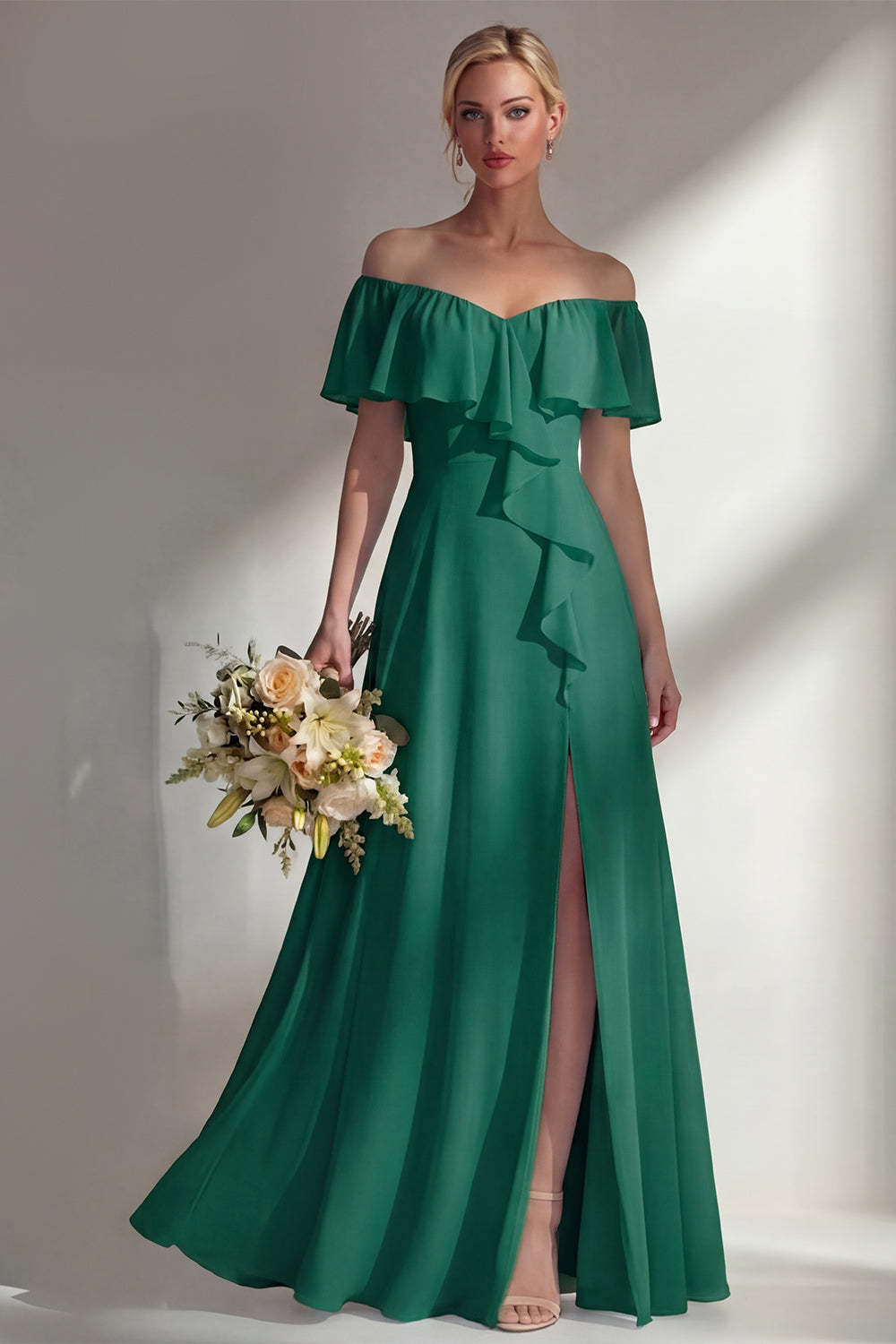 A Line Burgundy Ruffed Off the Shoulder Long Bridesmaid Dress with Slit