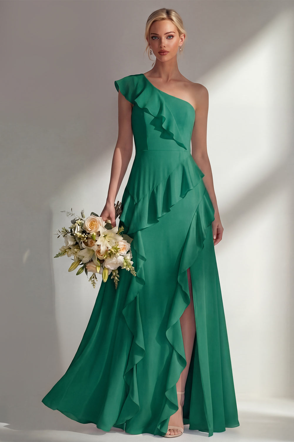 Leely Women Emerald A Line Ruffled Long Bridesmaid Dress with Slit One Shoulder Backless Sleeveless Wedding Guest Dress