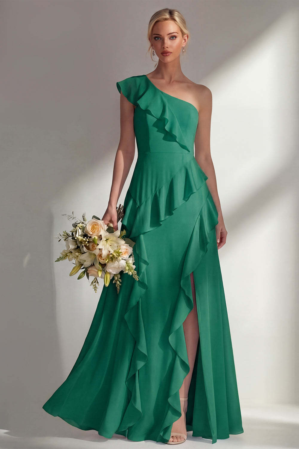 Leely Women Emerald A Line Ruffled Long Bridesmaid Dress with Slit One Shoulder Backless Sleeveless Wedding Guest Dress