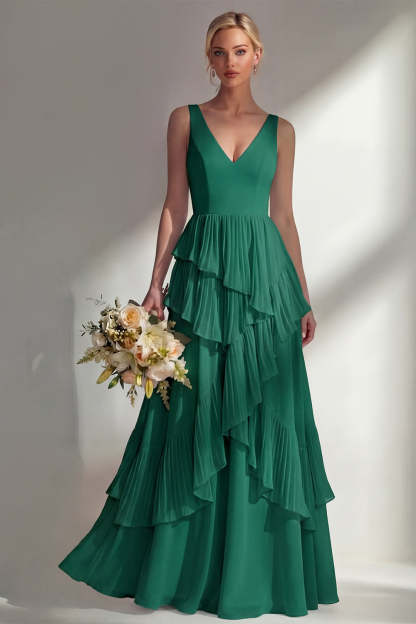 Leely Women Sea Glass V Neck Ruffled Sleeveless Long Bridesmaid Dress Backless Sleeveless Wedding Guest Dress