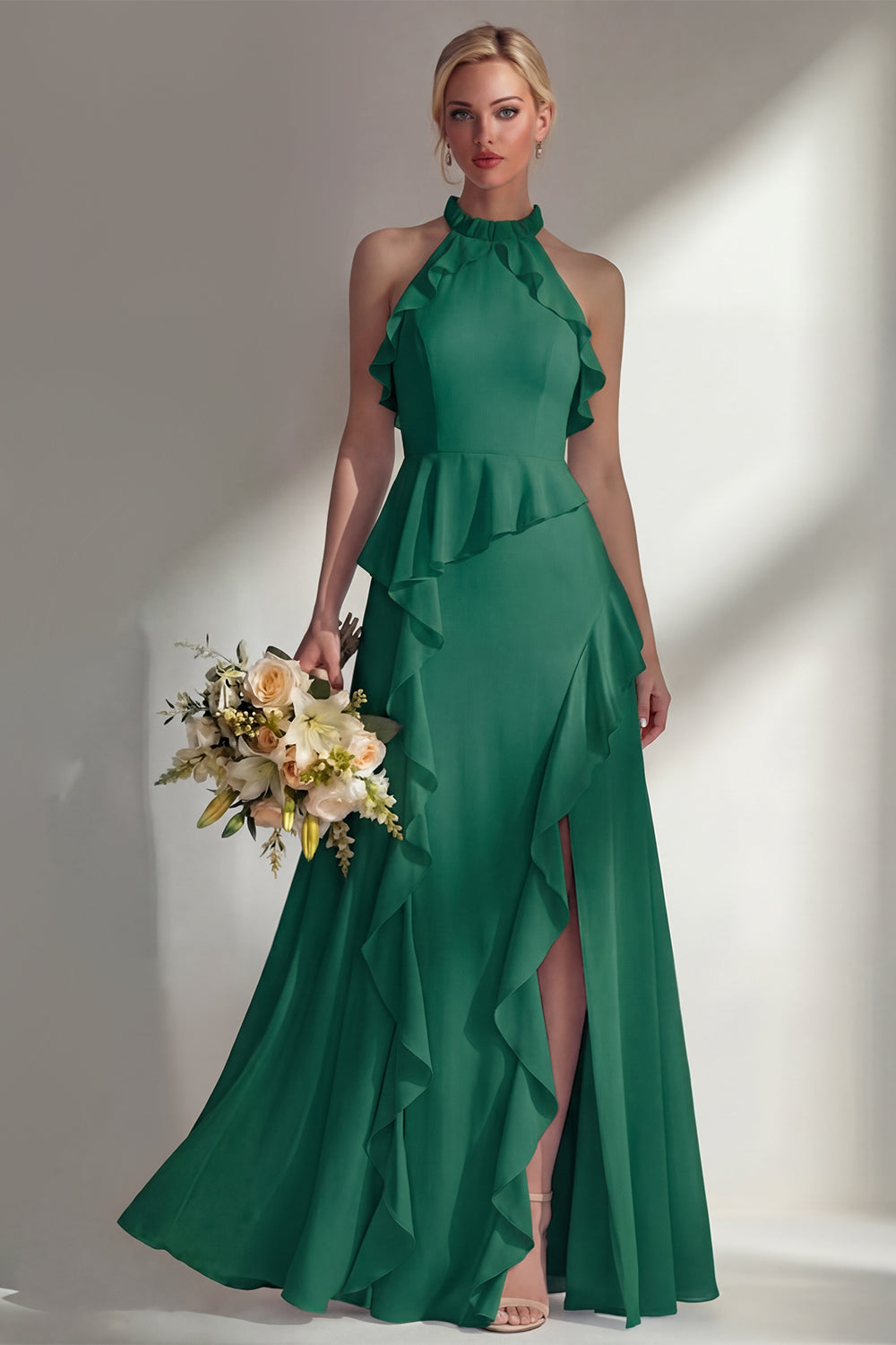 Butter Yellow Ruffled Halter Neck A Line Long Bridesmaid Dress with Slit
