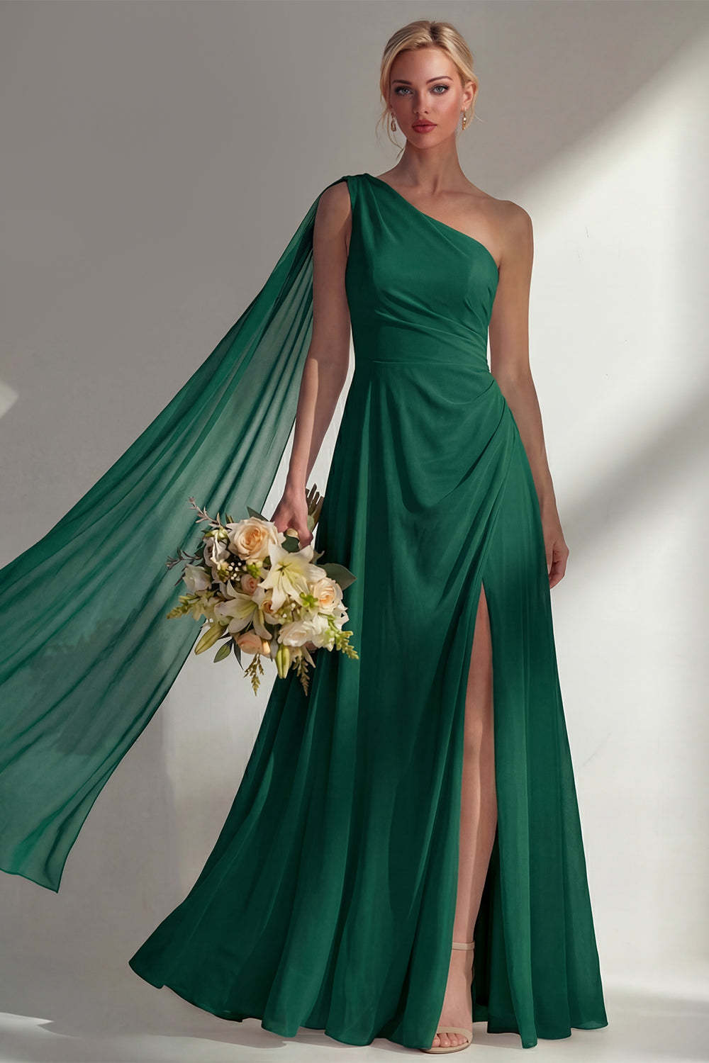 Burgundy One Shoulder Backless Ruched Long Bridesmaid Dress with Slit