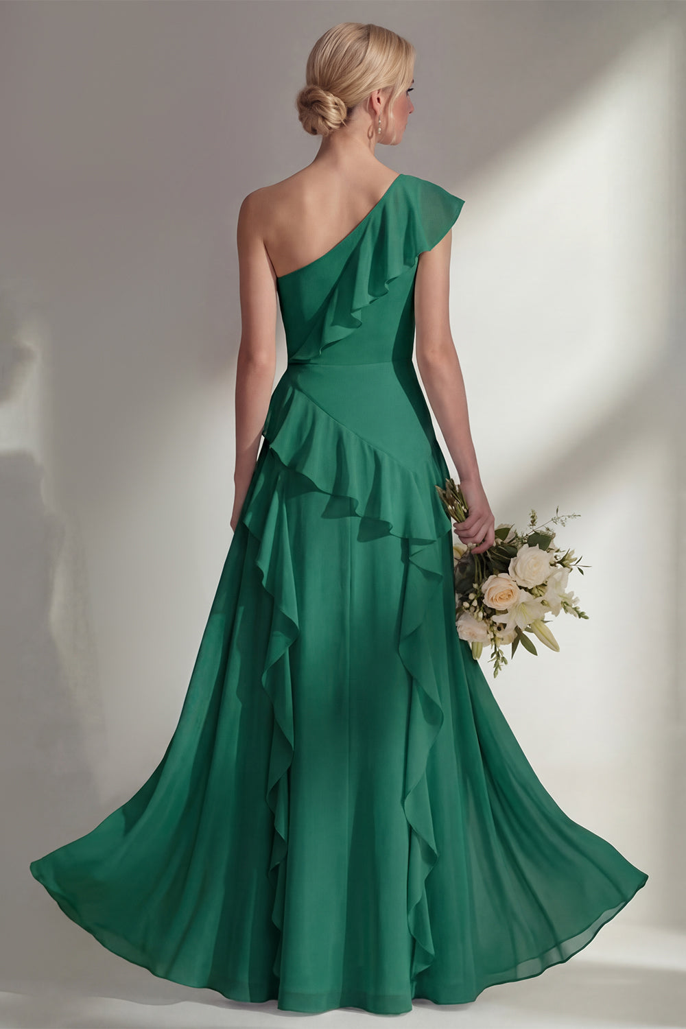 Emerald A Line Ruffled One Shoulder Long Bridesmaid Dress with Slit