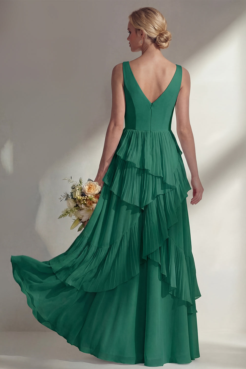 Sea Glass V Neck Ruffled Sleeveless Long Bridesmaid Dress